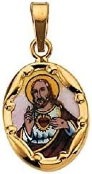 14K Yellow Gold 13x10 mm Sacred Heart of Jesus Hand-Painted Porcelain Pendant Hand Painted Sacred Heart of Jesus Porcelain Pendant