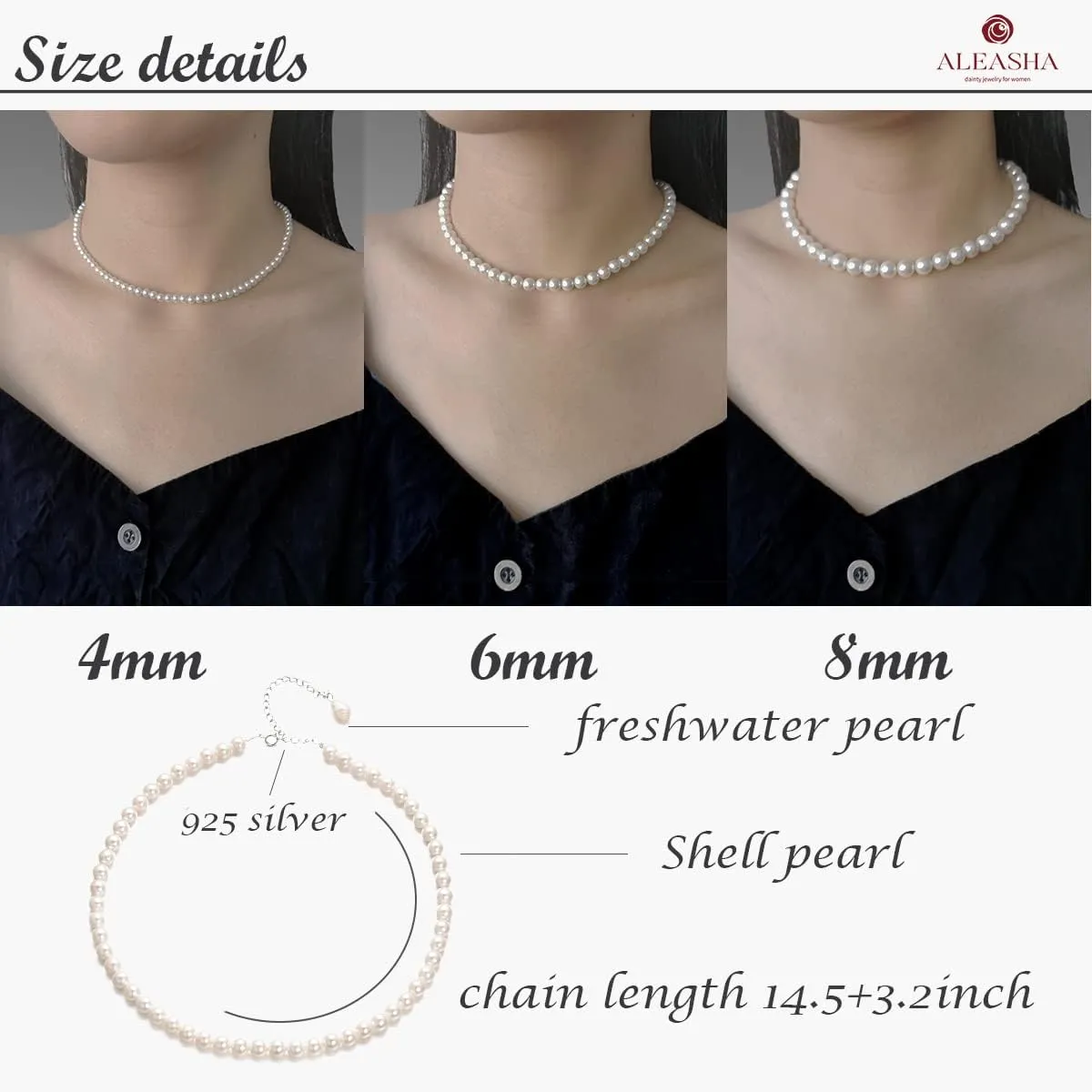 14" Sterling Silver Shell Pearl Choker for Women 4mm 6mm 8mm Dainty Pearl Necklaces s925 Wedding Jewelry