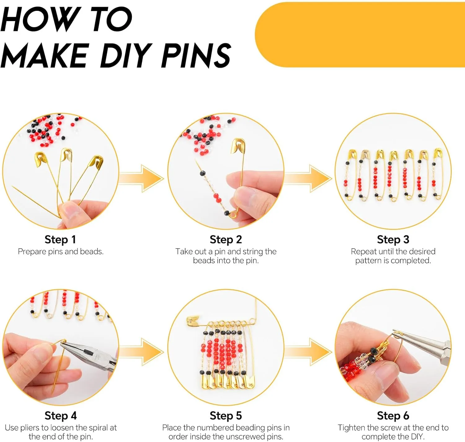 150Pcs Gold Safety Pins 3 Different Sizes, a Total of 300pcs DIY Colored Beads and 78pcs Letter Beads
