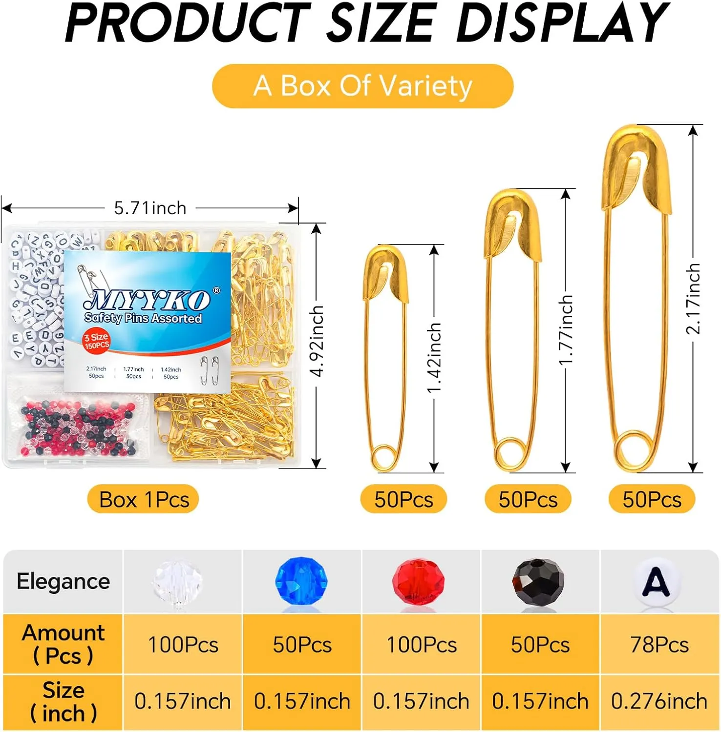 150Pcs Gold Safety Pins 3 Different Sizes, a Total of 300pcs DIY Colored Beads and 78pcs Letter Beads