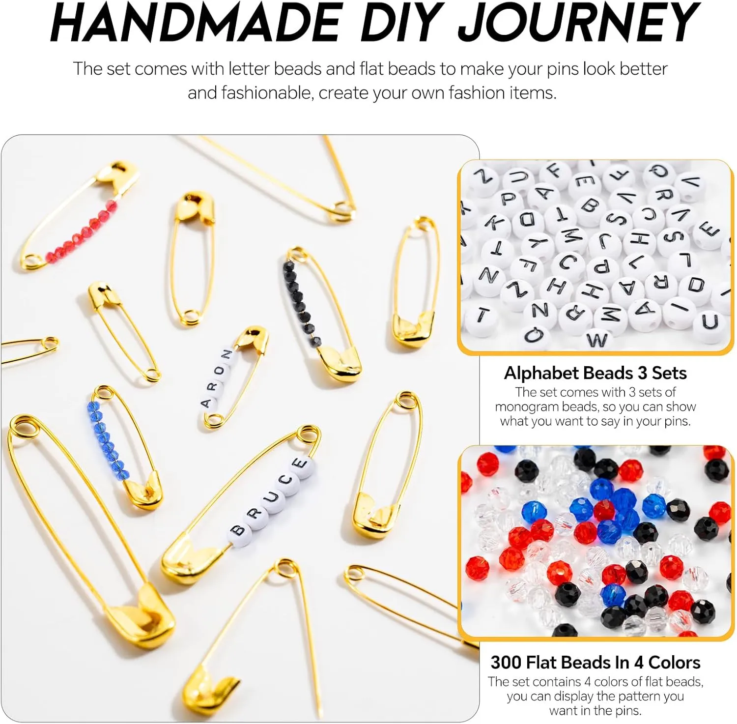 150Pcs Gold Safety Pins 3 Different Sizes, a Total of 300pcs DIY Colored Beads and 78pcs Letter Beads