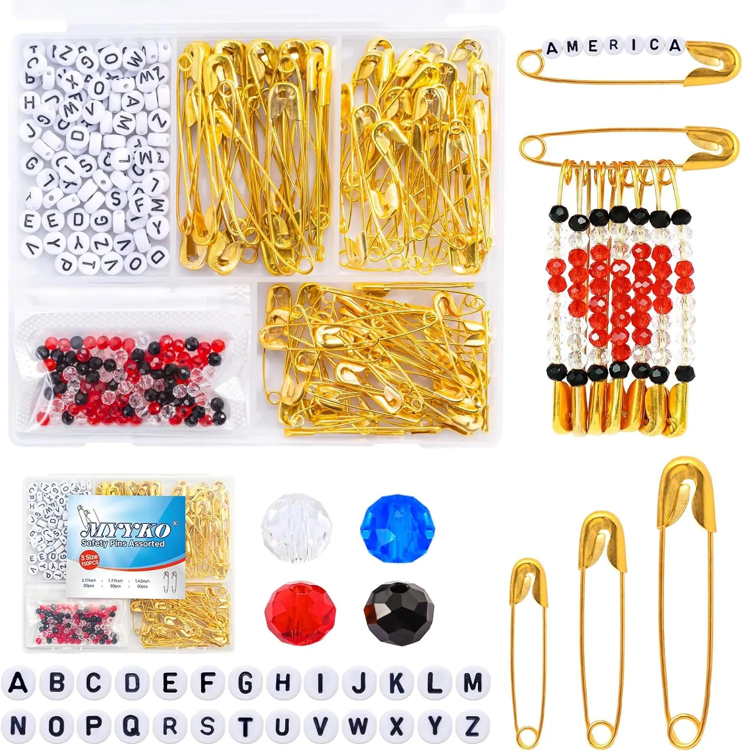 150Pcs Gold Safety Pins 3 Different Sizes, a Total of 300pcs DIY Colored Beads and 78pcs Letter Beads