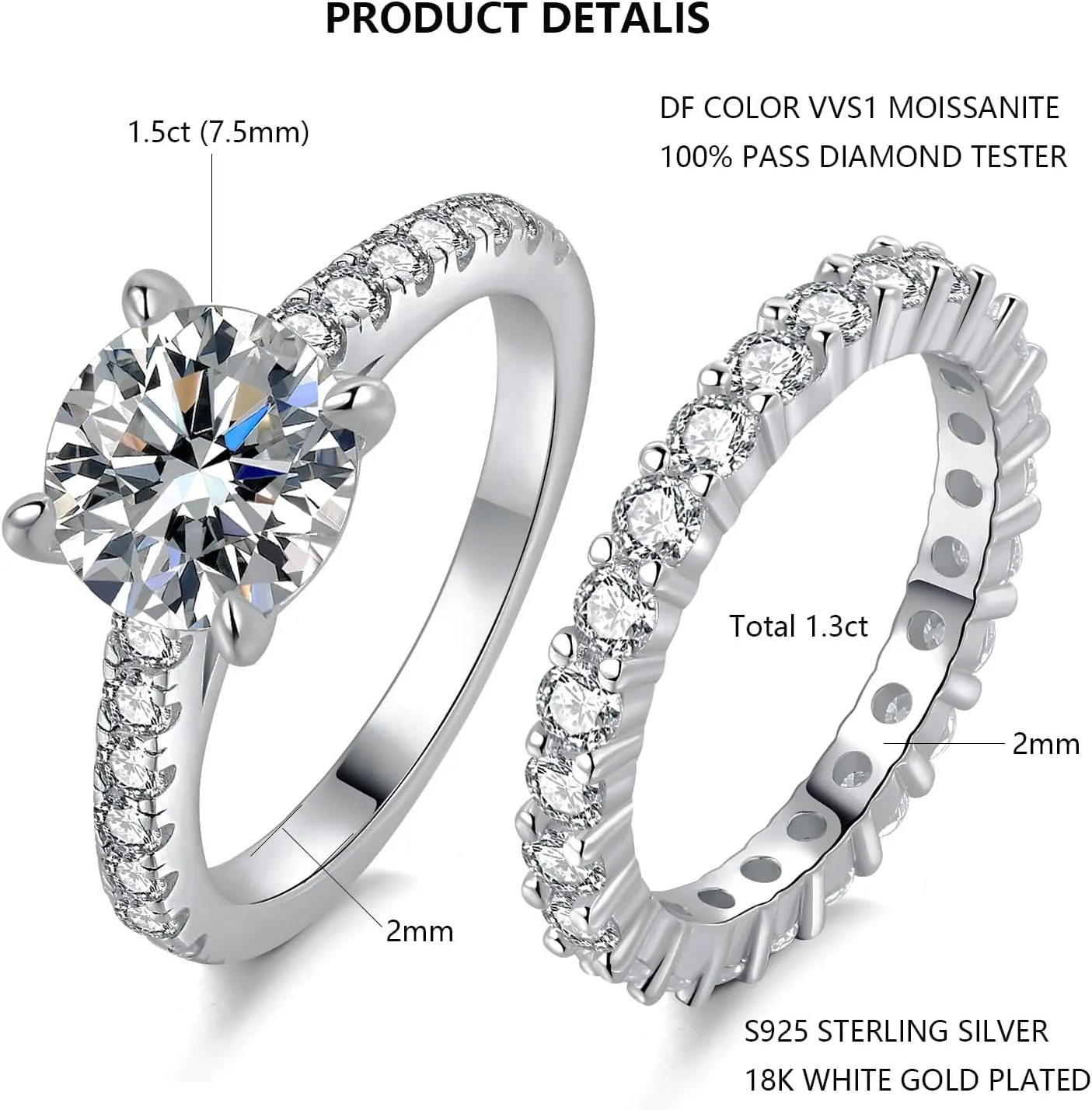 1.5CT Center Moissanite Stackable Engagement Rings Eternity Promise Wedding Ring 925 Sterling Silver Bridal Rings Sets for Women