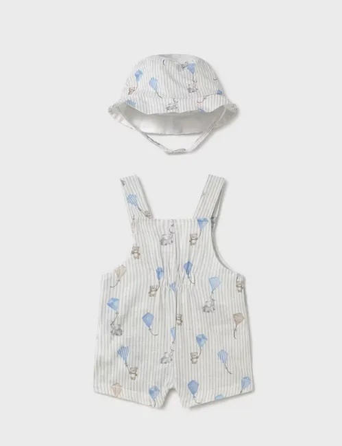 1601 Infant Boy Cotton Linen Overall Romper w/Sun Hat - Sky Blue Elephant Kites