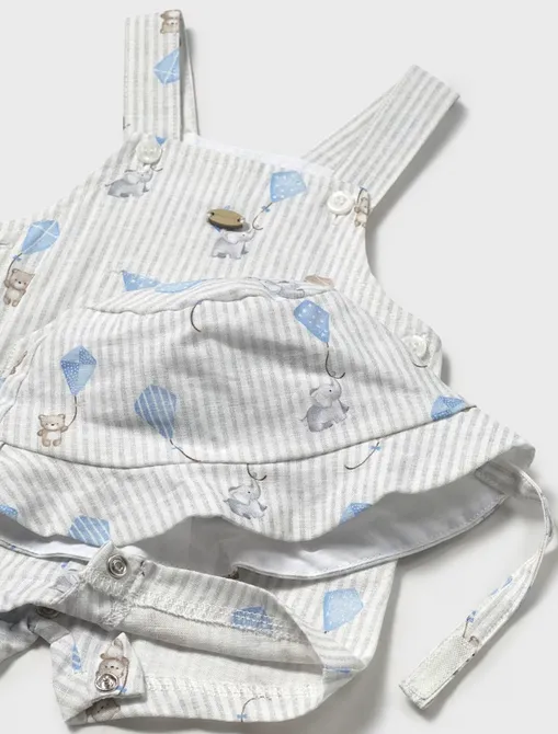 1601 Infant Boy Cotton Linen Overall Romper w/Sun Hat - Sky Blue Elephant Kites