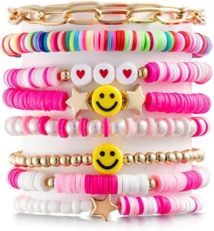 16Pcs Preppy Heishi Bracelets Set Colorful Smile Heart Star Evil Eye Beaded Stretch Bracelets Clay Stackable Charm Y2K Kidcore Summer Beach Bohemian Layering Bracelets Jewelry for Women Girls Teens