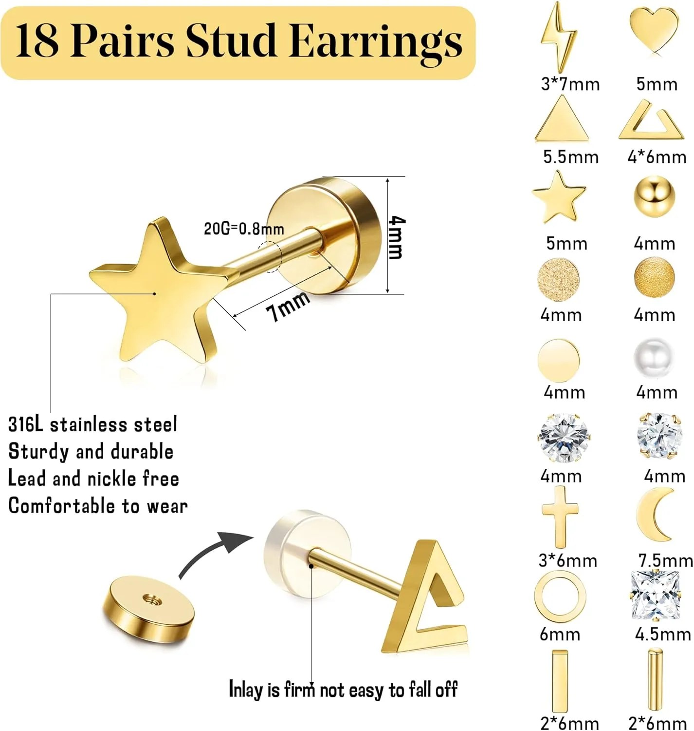 18 Pairs Surgical Stainless Steel Stud Earrings For Women Men 20G Cartilage Earrings Studs Cross Moon Star Small Stud Earrings Black Gold Screw Flat Back Earrings Ear Piercing Studs Set