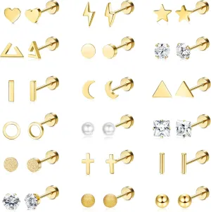 18 Pairs Surgical Stainless Steel Stud Earrings For Women Men 20G Cartilage Earrings Studs Cross Moon Star Small Stud Earrings Black Gold Screw Flat Back Earrings Ear Piercing Studs Set