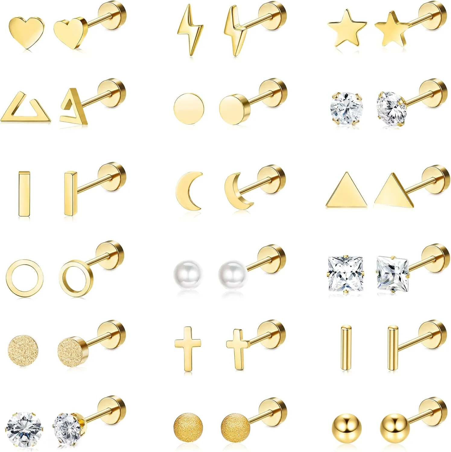 18 Pairs Surgical Stainless Steel Stud Earrings For Women Men 20G Cartilage Earrings Studs Cross Moon Star Small Stud Earrings Black Gold Screw Flat Back Earrings Ear Piercing Studs Set