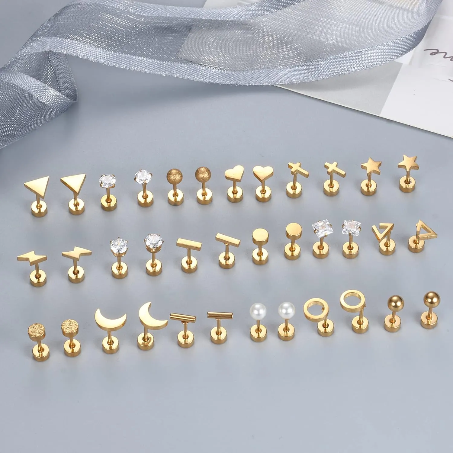 18 Pairs Surgical Stainless Steel Stud Earrings For Women Men 20G Cartilage Earrings Studs Cross Moon Star Small Stud Earrings Black Gold Screw Flat Back Earrings Ear Piercing Studs Set