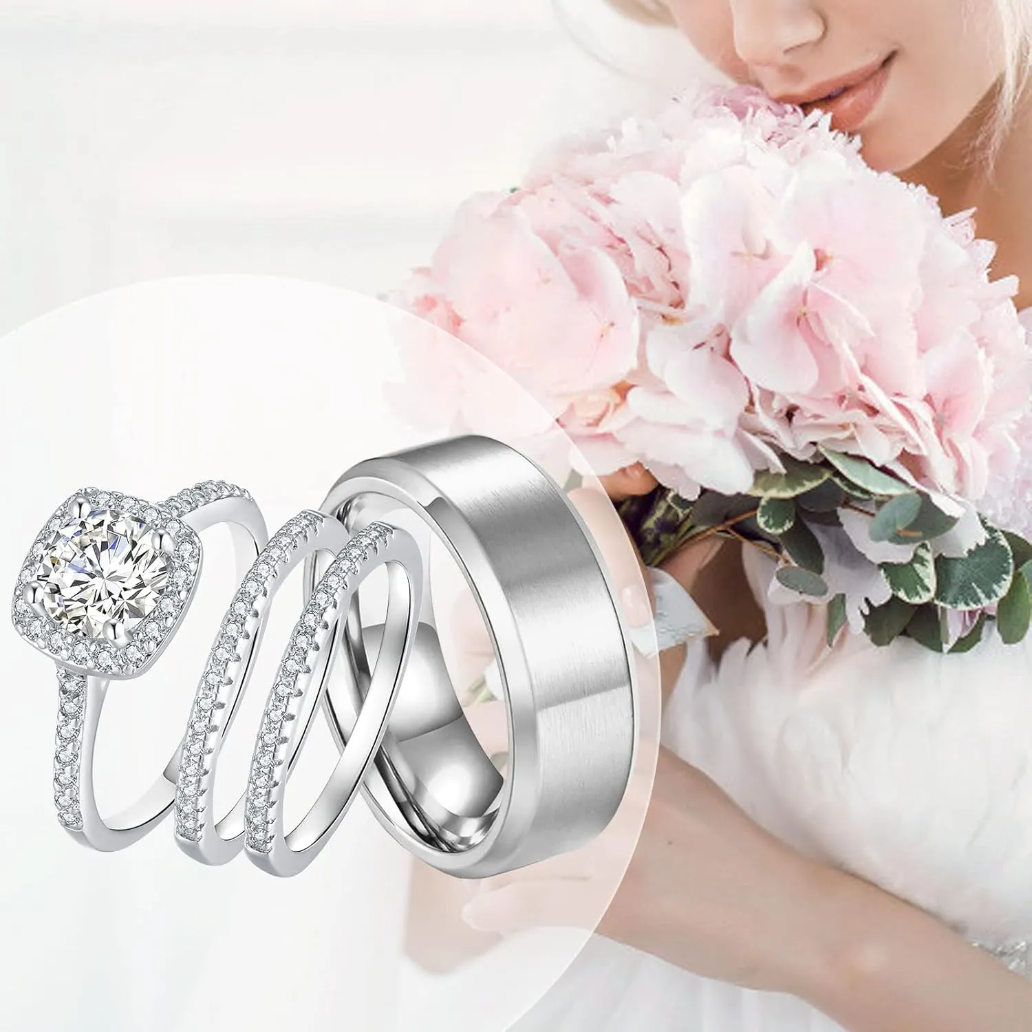 18k White Gold Plated Wedding Ring Sets for Him and Her Womens Mens Titanium Stainless Steel Bands 2Ct Cz Couple Rings