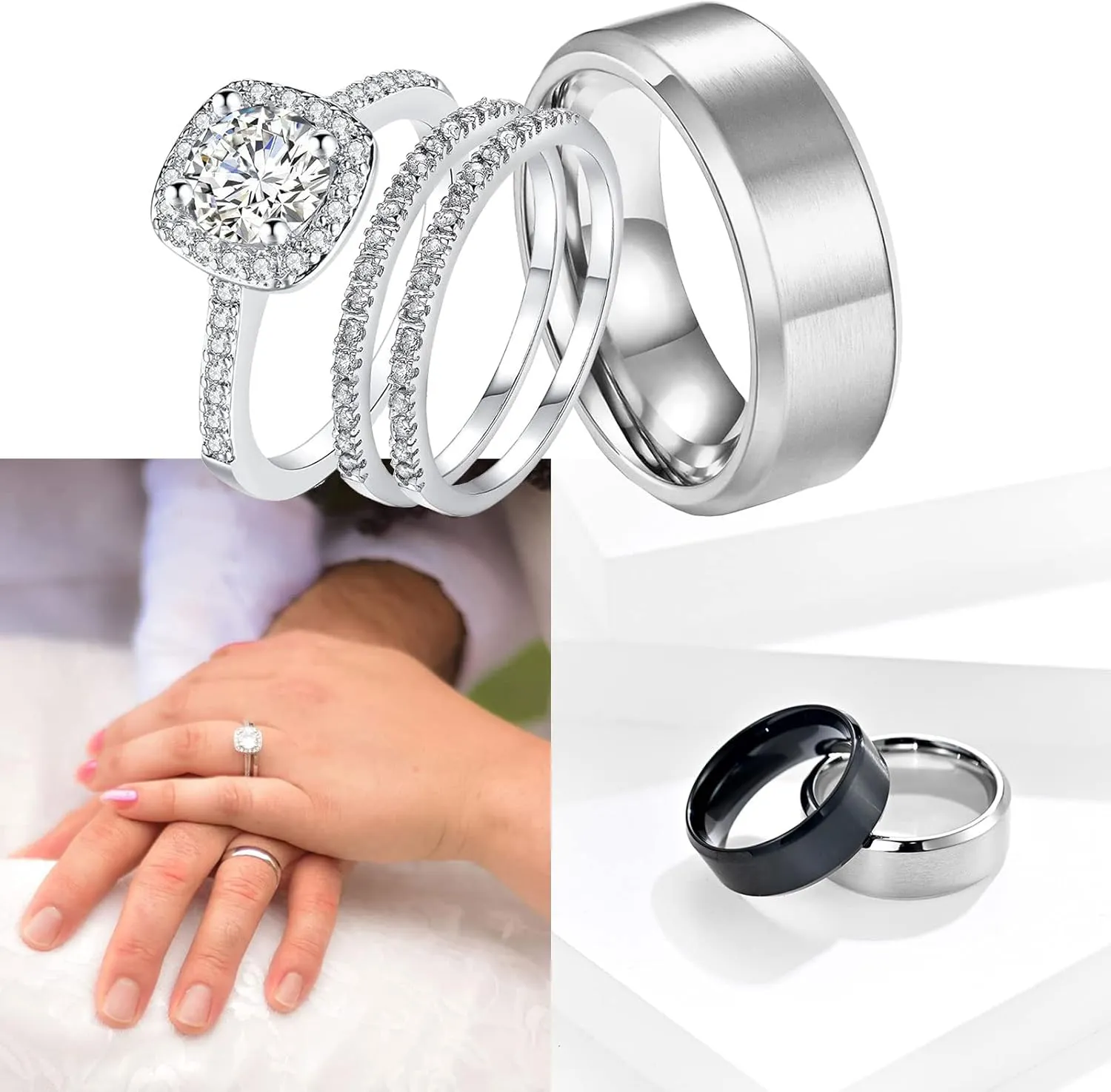 18k White Gold Plated Wedding Ring Sets for Him and Her Womens Mens Titanium Stainless Steel Bands 2Ct Cz Couple Rings