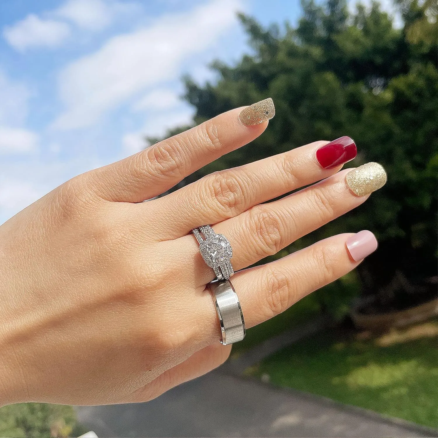 18k White Gold Plated Wedding Ring Sets for Him and Her Womens Mens Titanium Stainless Steel Bands 2Ct Cz Couple Rings