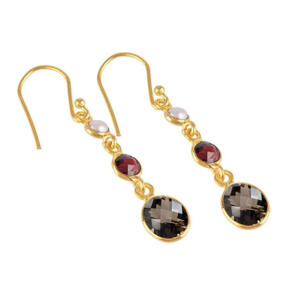 18K Yellow Gold Plated Fine Sterling Silver Dangle Drop Earrings For Women & Girls Pearl Garnet Smoky Topaz Dangling Earrings Hypoallergenic Dangling Earrings Christmas Gift