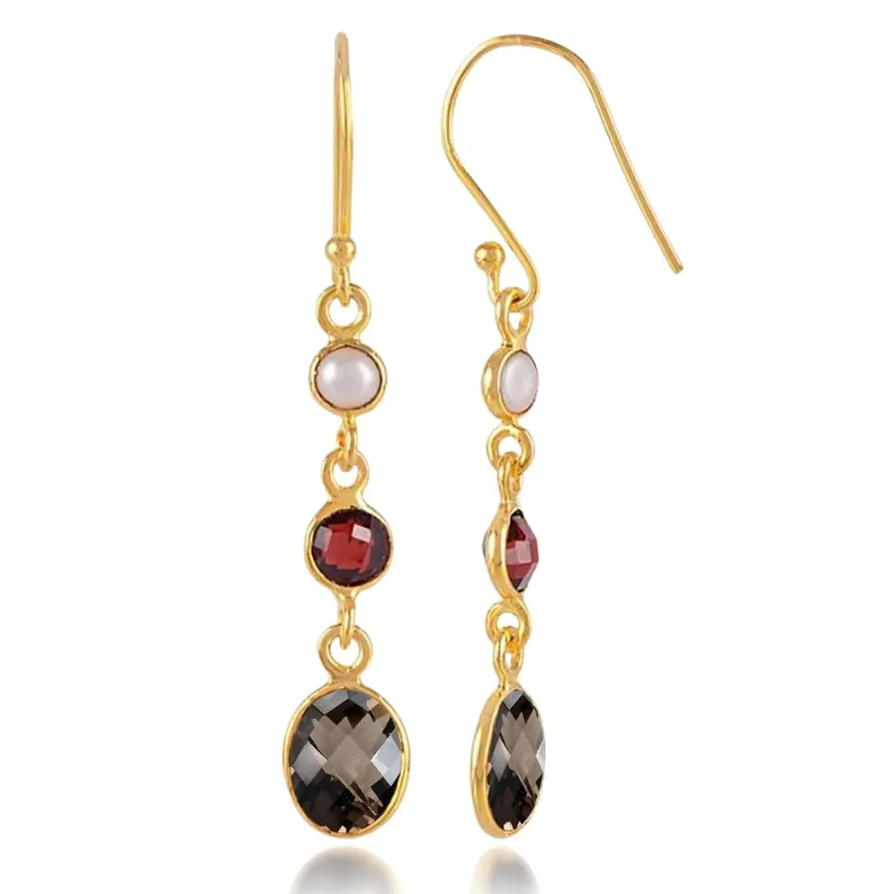 18K Yellow Gold Plated Fine Sterling Silver Dangle Drop Earrings For Women & Girls Pearl Garnet Smoky Topaz Dangling Earrings Hypoallergenic Dangling Earrings Christmas Gift