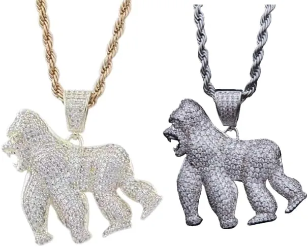 2 Hip Hop Gorilla Zirconia Necklace, Roaring Gorilla Pendant, Punk Novelty Jewelry Necklace