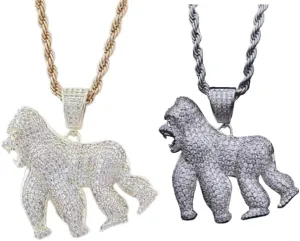 2 Hip Hop Gorilla Zirconia Necklace, Roaring Gorilla Pendant, Punk Novelty Jewelry Necklace