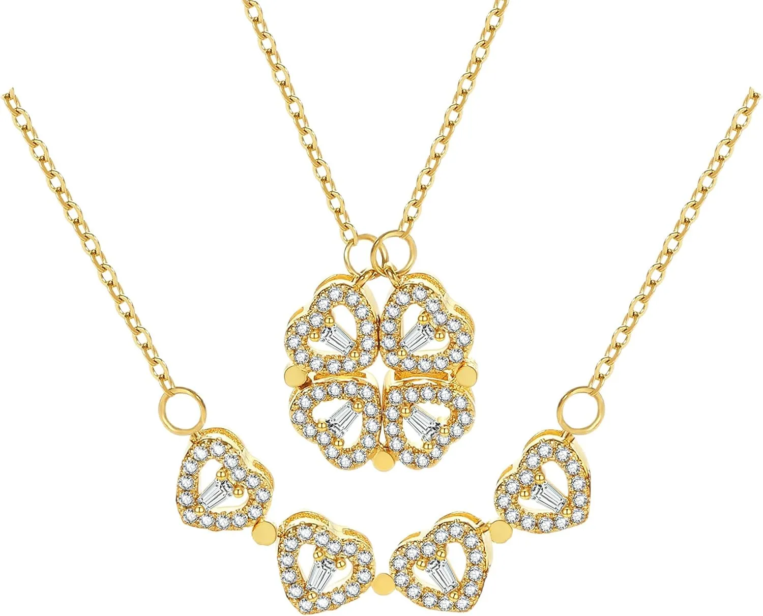 2 in 1 Four Leaf Clover Charm Lucky Necklace Heart Crystal Pendant Necklace Gold Link Valentine's Day Jewelry Gift for Women