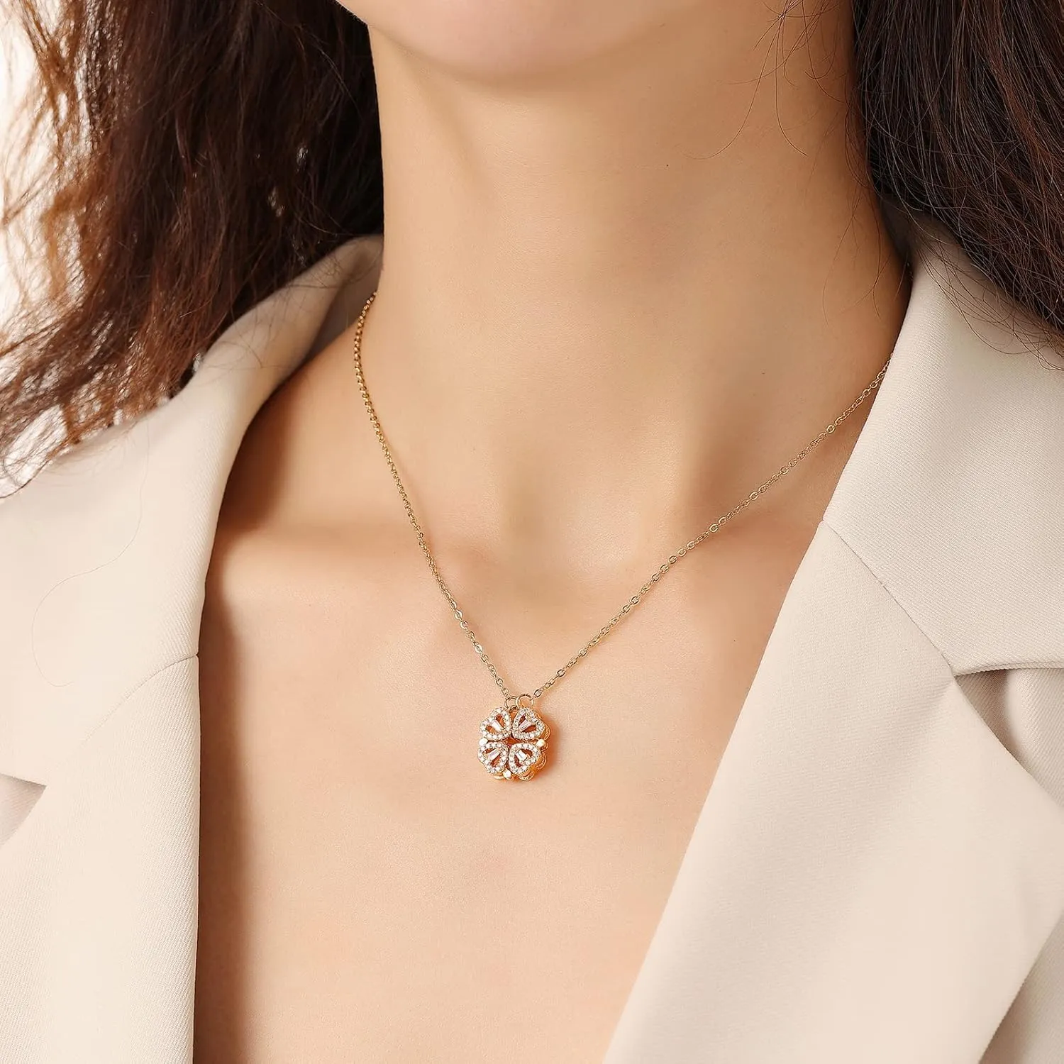 2 in 1 Four Leaf Clover Charm Lucky Necklace Heart Crystal Pendant Necklace Gold Link Valentine's Day Jewelry Gift for Women
