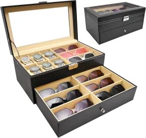 2 Layers 6 Slots Watch Boxes and 9 Pieces Eyeglasses Sunglasses Storage,Black Leather Watch Jewelry Eyeglasses Sunglasses Display Case Organizer for Women and Men