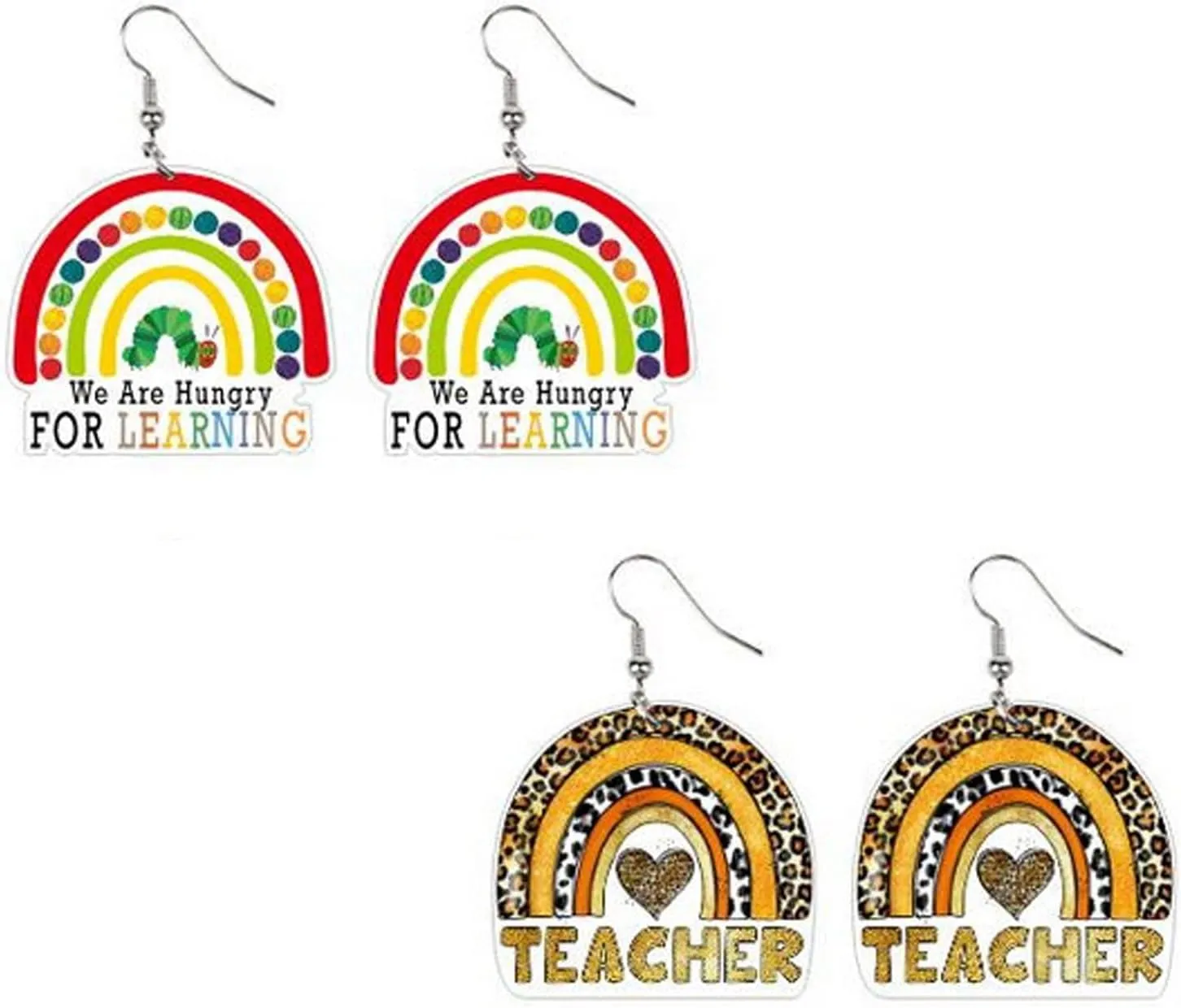 2 Pairs Pencil Earrings Teacher Earrings for Women Teacher Dangle Earrings Set Colorful Leopard Pencil Ruler Shape Resin Acrylic Earrings for Women Jewelry