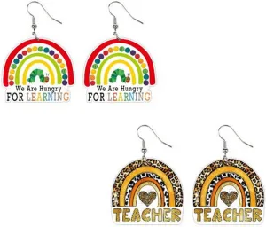 2 Pairs Pencil Earrings Teacher Earrings for Women Teacher Dangle Earrings Set Colorful Leopard Pencil Ruler Shape Resin Acrylic Earrings for Women Jewelry