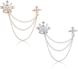 2 Pcs Crown Pins, Suit Accessories Men, Lapel Pin for Men, Brooch Pin, Suit Chain for Men, Suit Pins for Men, Crown Brooch Pin, Chain Brooch, Tuxedo Accessories Men, Wedding Brooch Pin (Gold & Silver)