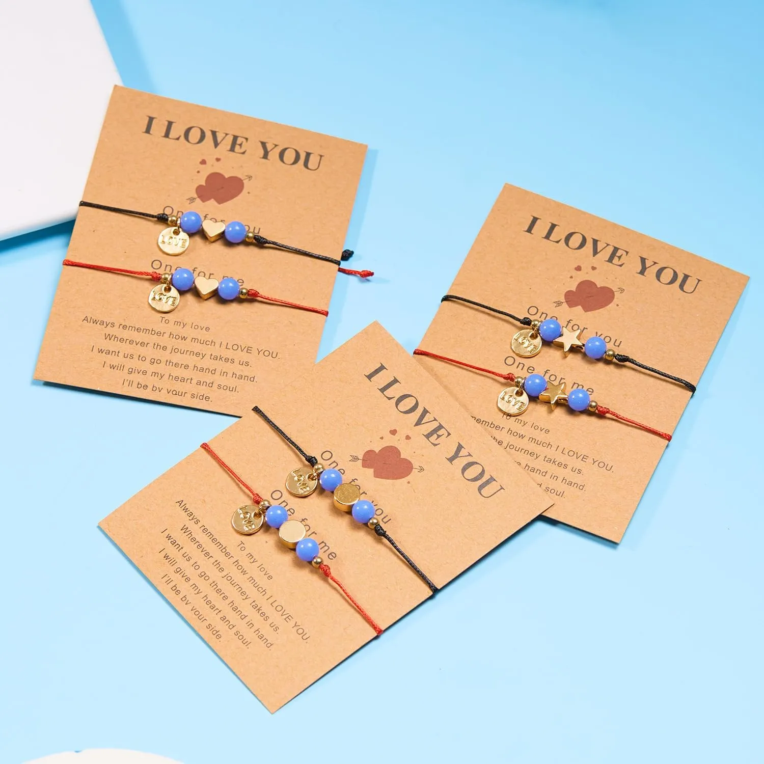 2 Pcs LOVE Card Couple Bracelet Glow in Dark Beads Star Heart Round Charm Rope Chain Adjustable Bracelets for Lover Best Friend