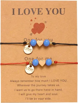 2 Pcs LOVE Card Couple Bracelet Glow in Dark Beads Star Heart Round Charm Rope Chain Adjustable Bracelets for Lover Best Friend