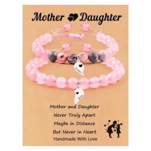 2 Pcs Mother Daughter Bracelets, Mommy and Me Heart Matching Bracelets Set, Natural Stone Bracelets with Quote Card Mother's Day Gifts for Women Girls Birthday Christmas Presents