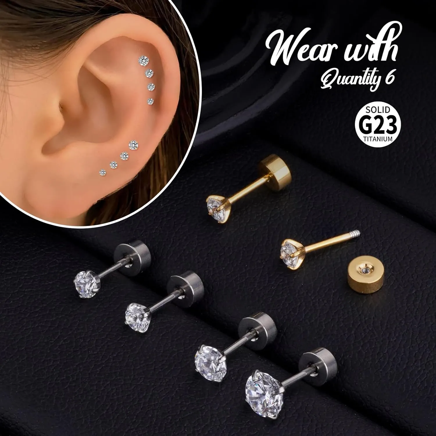 20G G23 Titanium Ear Stud Piercing Barbell Studs Earrings Round Cubic Zirconia Inlaid Cartilage Earringz