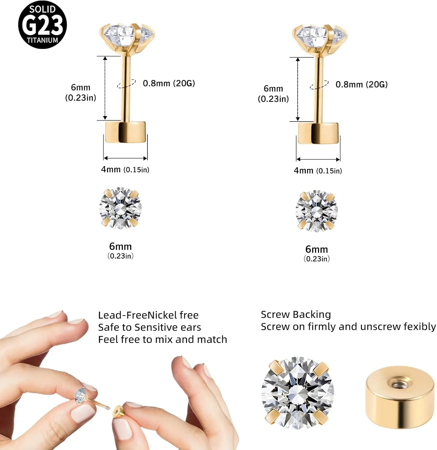 20G G23 Titanium Ear Stud Piercing Barbell Studs Earrings Round Cubic Zirconia Inlaid Cartilage Earringz