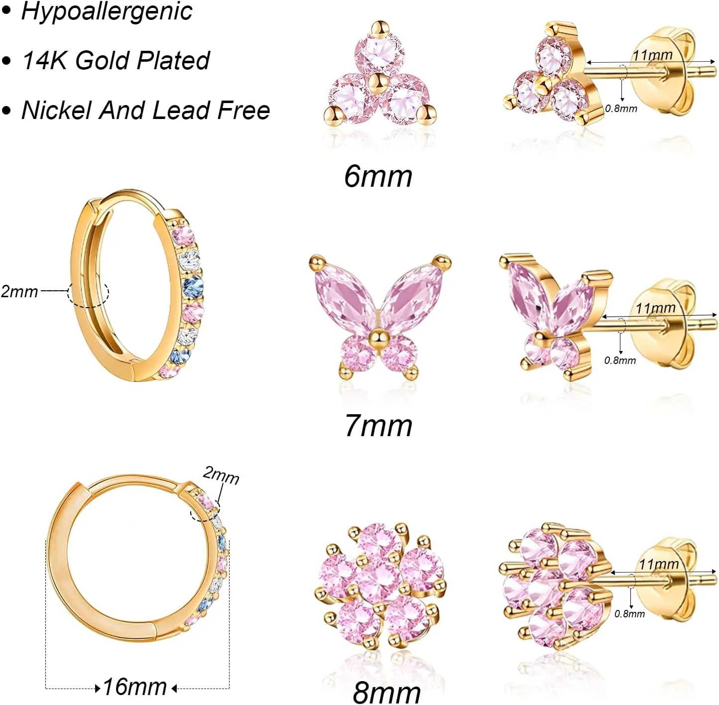 20G Gold Studs Earrings for Women,14K Gold Plated Sterling Silver Hypoallergenic Butterfly Earrings for Women,4 Pairs Flower/Butterfly/Cubic Zirconia Cute Earring and Trendy Huggie Hoop Dainty Multipack Earring Sets