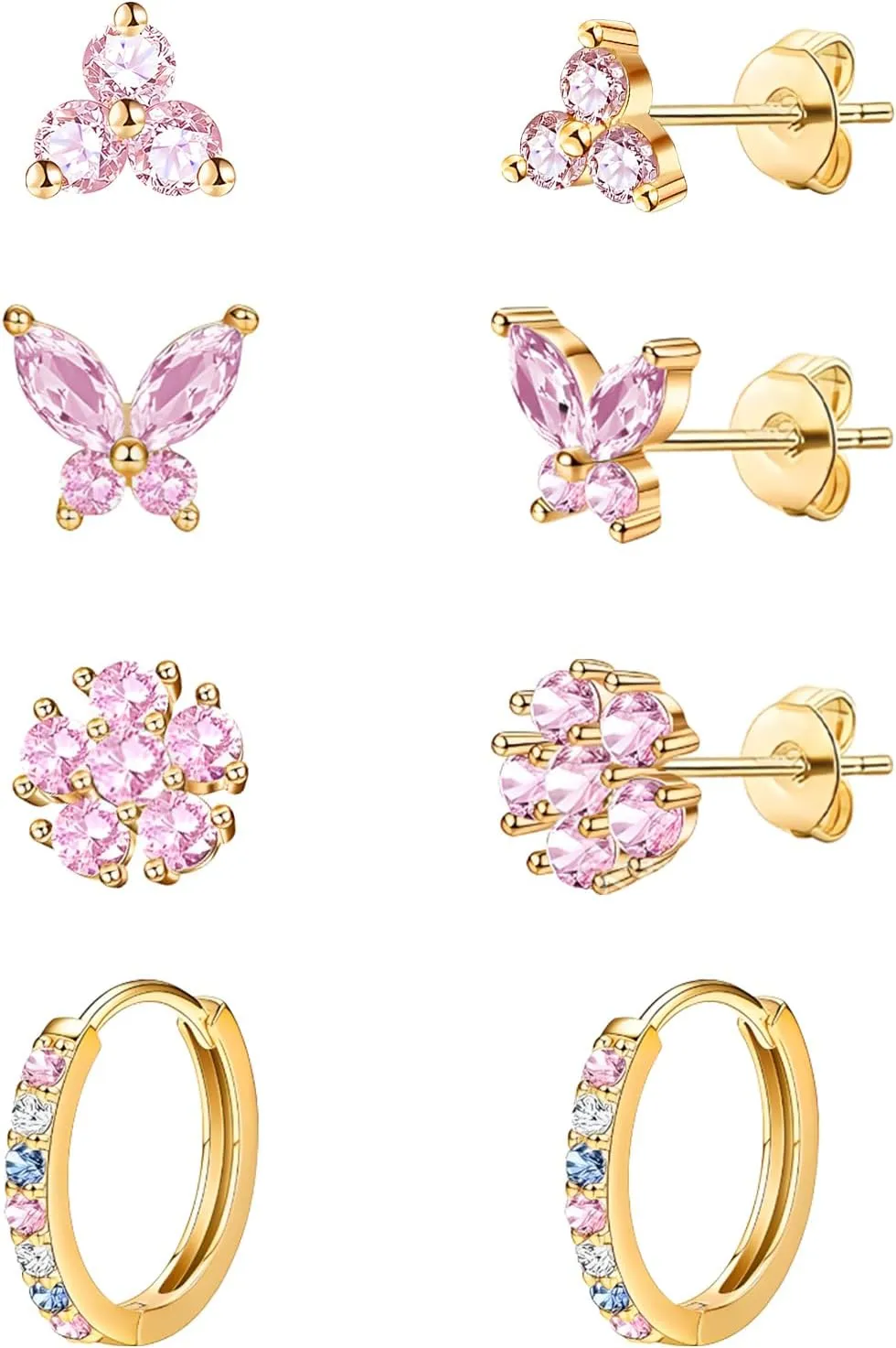 20G Gold Studs Earrings for Women,14K Gold Plated Sterling Silver Hypoallergenic Butterfly Earrings for Women,4 Pairs Flower/Butterfly/Cubic Zirconia Cute Earring and Trendy Huggie Hoop Dainty Multipack Earring Sets