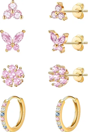 20G Gold Studs Earrings for Women,14K Gold Plated Sterling Silver Hypoallergenic Butterfly Earrings for Women,4 Pairs Flower/Butterfly/Cubic Zirconia Cute Earring and Trendy Huggie Hoop Dainty Multipack Earring Sets