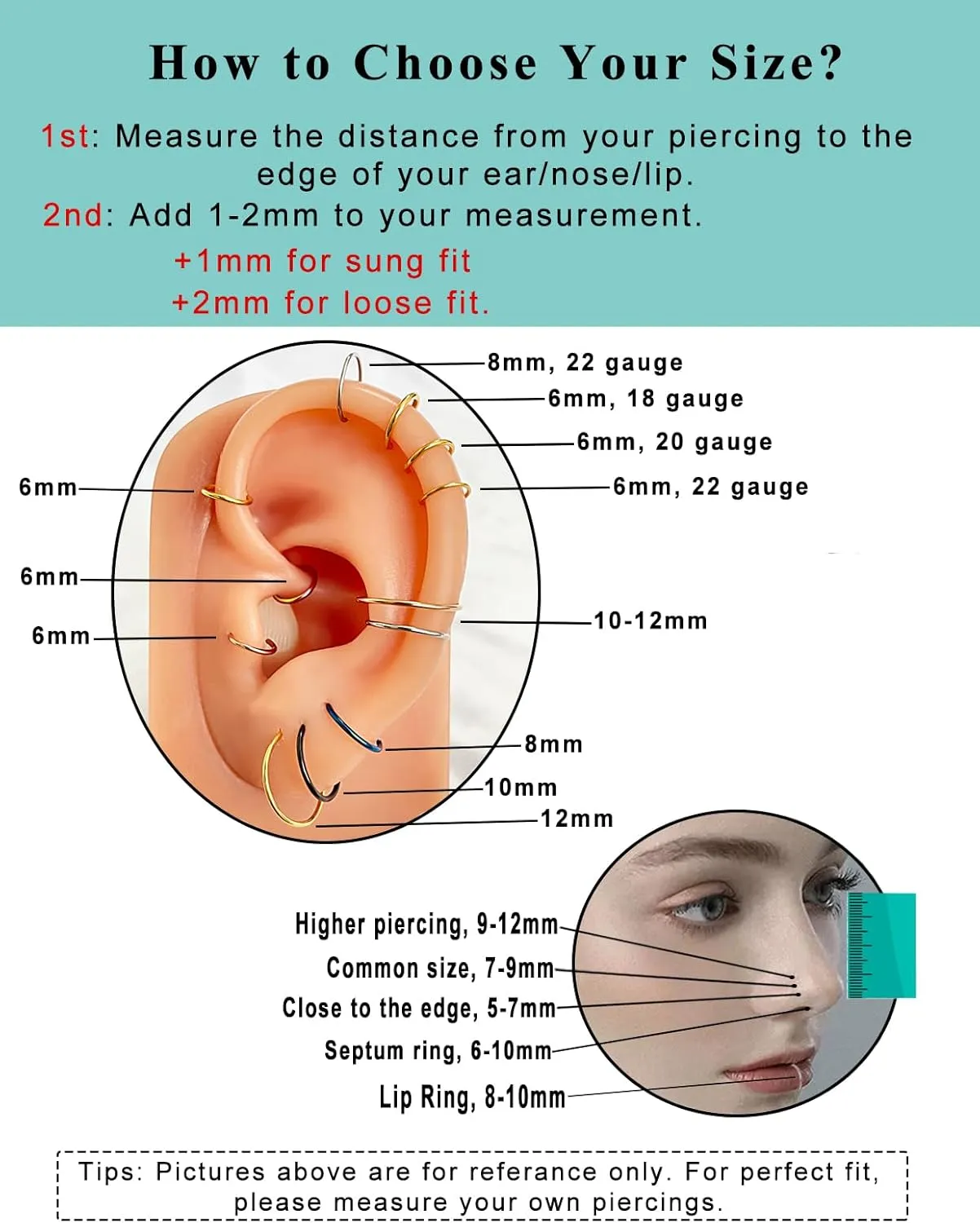 22G 20G 18G 6-12mm Gold Silver Rose Gold Black Blue Rainbow Small Hoop Earrings for Cartilage Nose, Piercing Hoop Ring Nose Rings Hoop Tragus Helix Daith Rook Snug Piercing Rings Set of 4 Set of 2