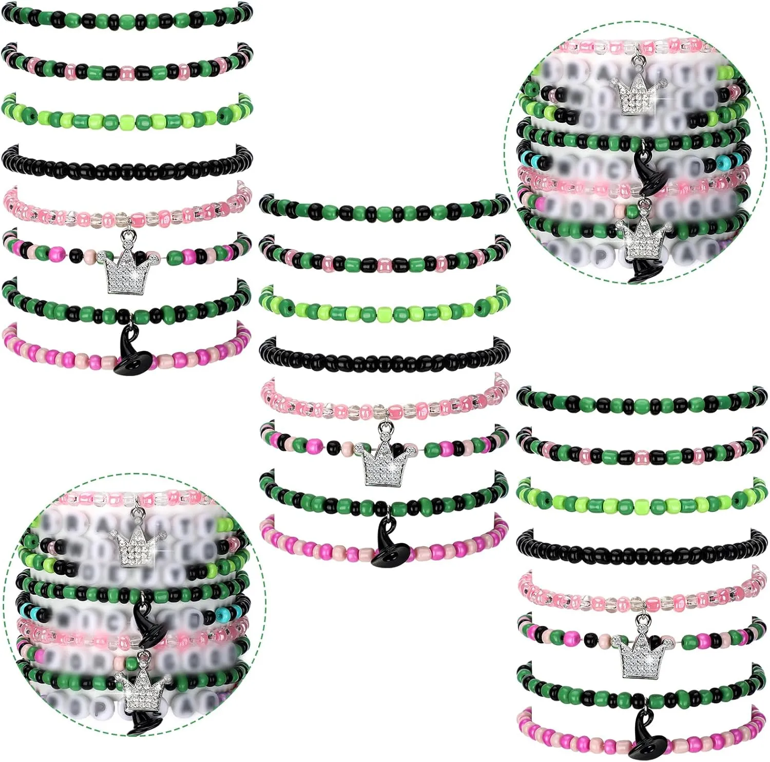 24 Pcs Witch Princess Crown Friendship Matching Bracelets Green Pink Bead Merchandise Jewelry Gift BFF Couples Bracelets Accessories for Movie Fans Party Dress Birthday Party Decoration