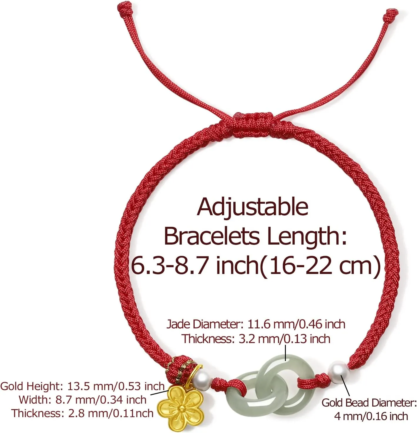 24K Solid Gold Bracelets for Women, Real Pure Gold Bracelets Adjustable Friendship Charm Gold Cherry Blossom Green Nephrite Jade Jewelry Braided Bracelets for Mom Women Girlfriend Lover