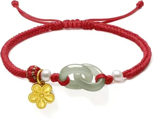 24K Solid Gold Bracelets for Women, Real Pure Gold Bracelets Adjustable Friendship Charm Gold Cherry Blossom Green Nephrite Jade Jewelry Braided Bracelets for Mom Women Girlfriend Lover