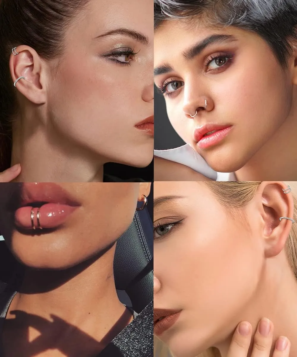24Pcs 16G 18G 316L Stainless Steel Cartilage Hoop Earrings for Men Women Helix Tragus Daith Lobe Hoop Sleeper Earrings Hinged Clicker Segment Nose Hoop Septum Lip Ring Conch 7/8/9/10MM