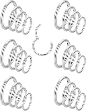 24Pcs 16G 18G 316L Stainless Steel Cartilage Hoop Earrings for Men Women Helix Tragus Daith Lobe Hoop Sleeper Earrings Hinged Clicker Segment Nose Hoop Septum Lip Ring Conch 7/8/9/10MM