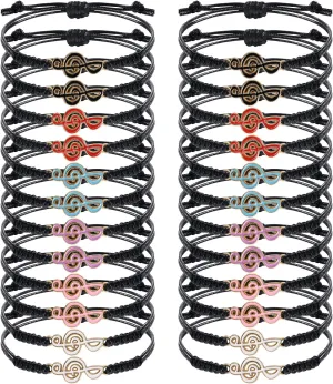 24PCS Music Charm Bracelets for Girls Women,Musical Note Inspirational Adjustable Black Braid Rope Bracelets for Music Party Favors Cheerleading Team Player Lovers Music Birthday Party Thank you Gifts