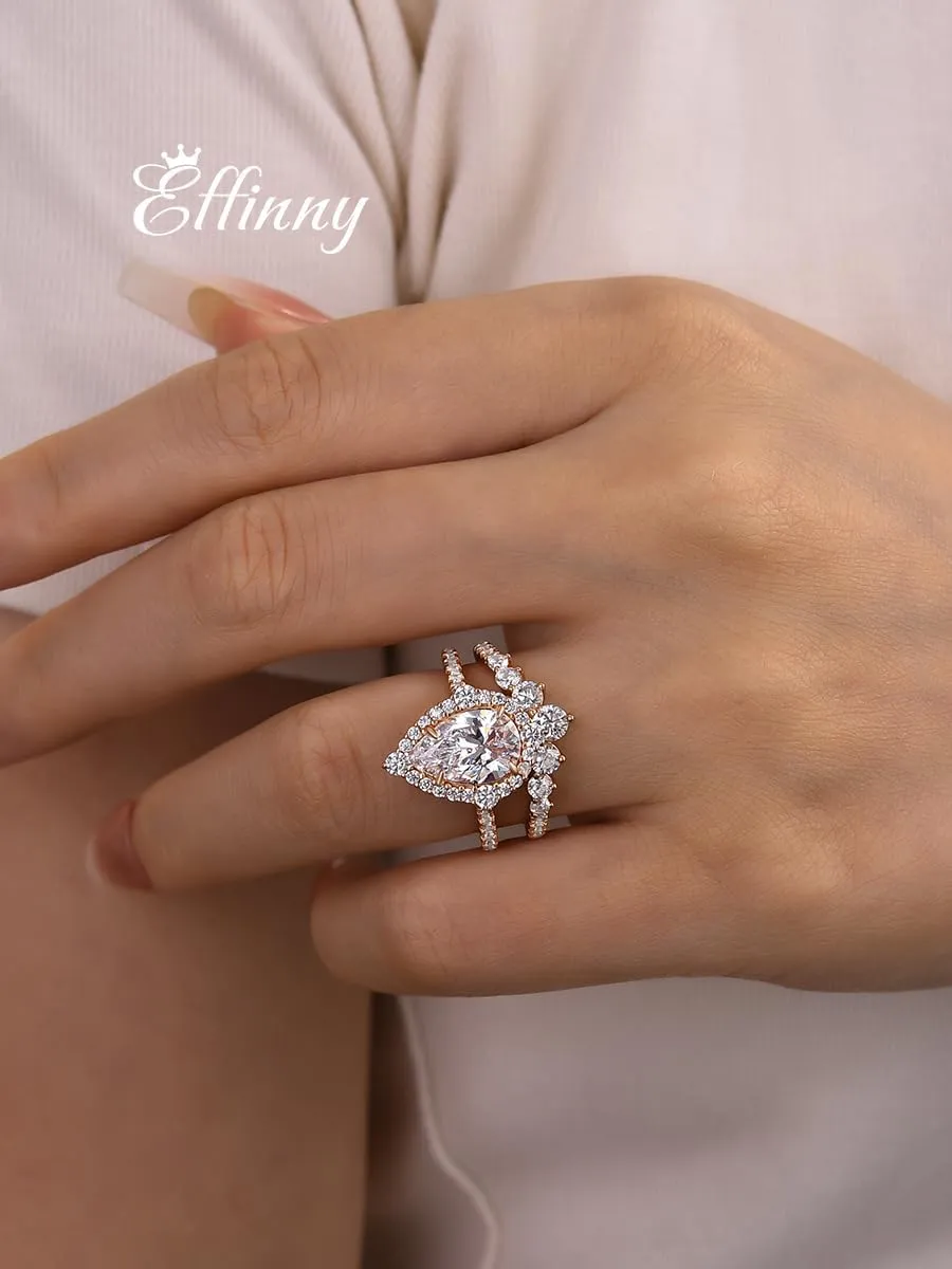 2.5CT Halo Pear Cut Bridal Ring Set,CZ Simulated Diamond Wedding Ring Set In Rose Gold Plated 925 Sterling Silver