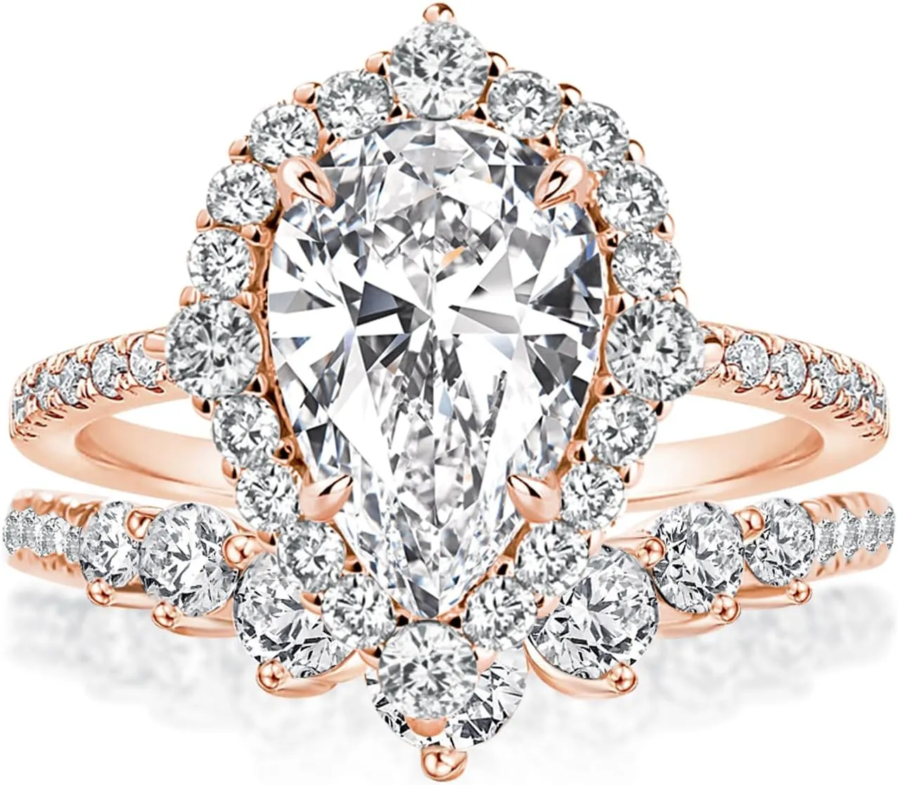 2.5CT Halo Pear Cut Bridal Ring Set,CZ Simulated Diamond Wedding Ring Set In Rose Gold Plated 925 Sterling Silver