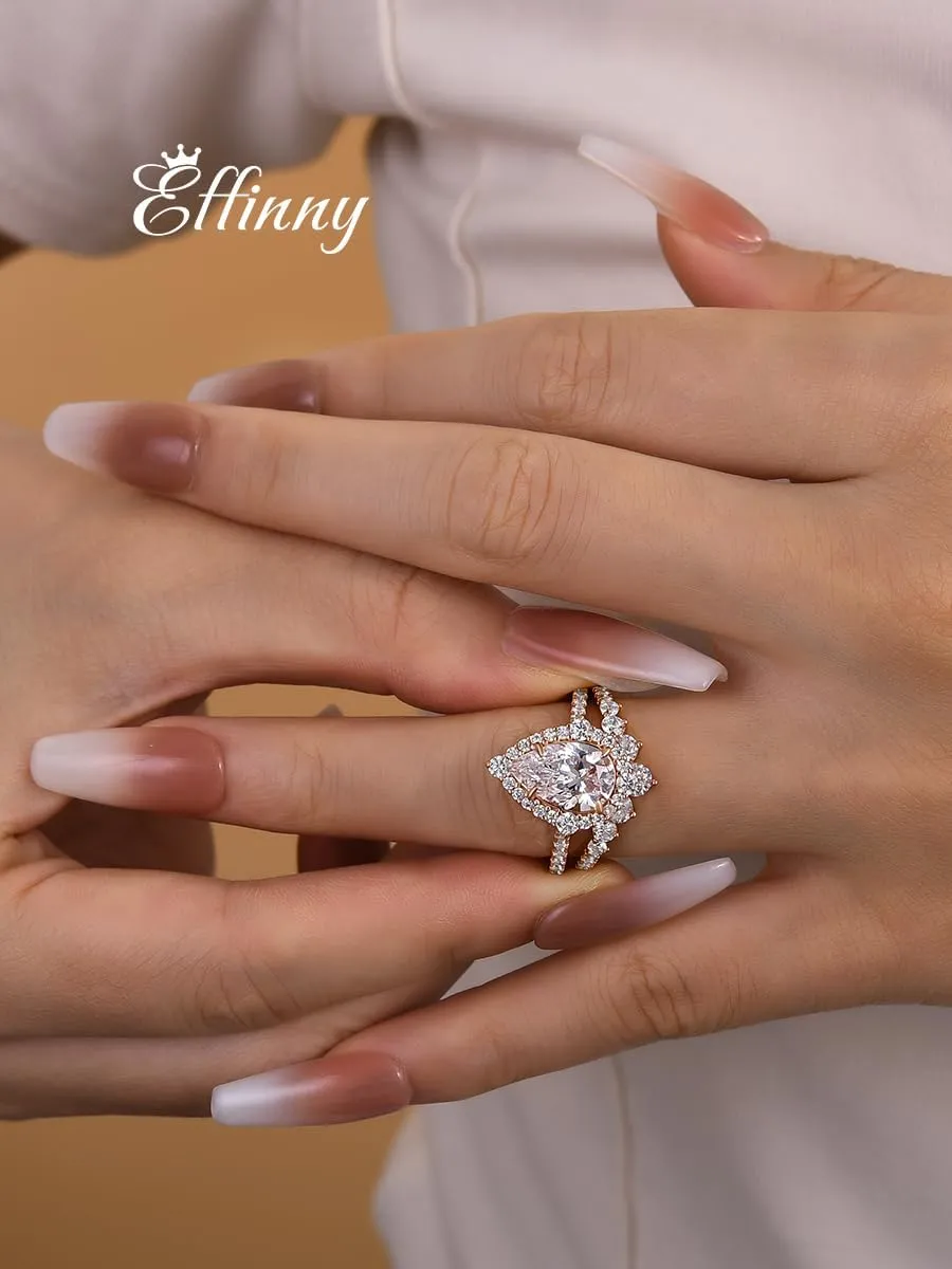 2.5CT Halo Pear Cut Bridal Ring Set,CZ Simulated Diamond Wedding Ring Set In Rose Gold Plated 925 Sterling Silver