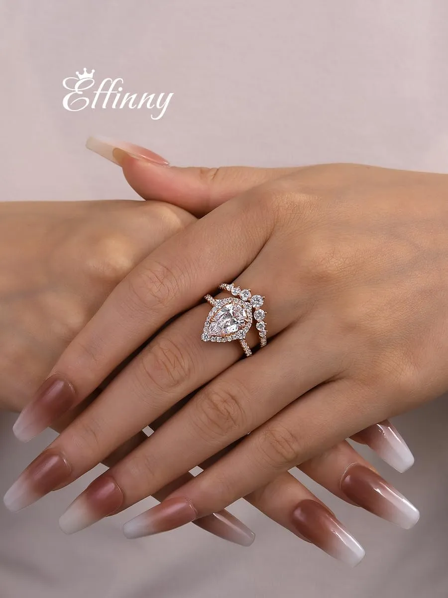 2.5CT Halo Pear Cut Bridal Ring Set,CZ Simulated Diamond Wedding Ring Set In Rose Gold Plated 925 Sterling Silver
