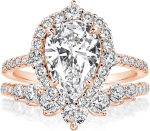 2.5CT Halo Pear Cut Bridal Ring Set,CZ Simulated Diamond Wedding Ring Set In Rose Gold Plated 925 Sterling Silver