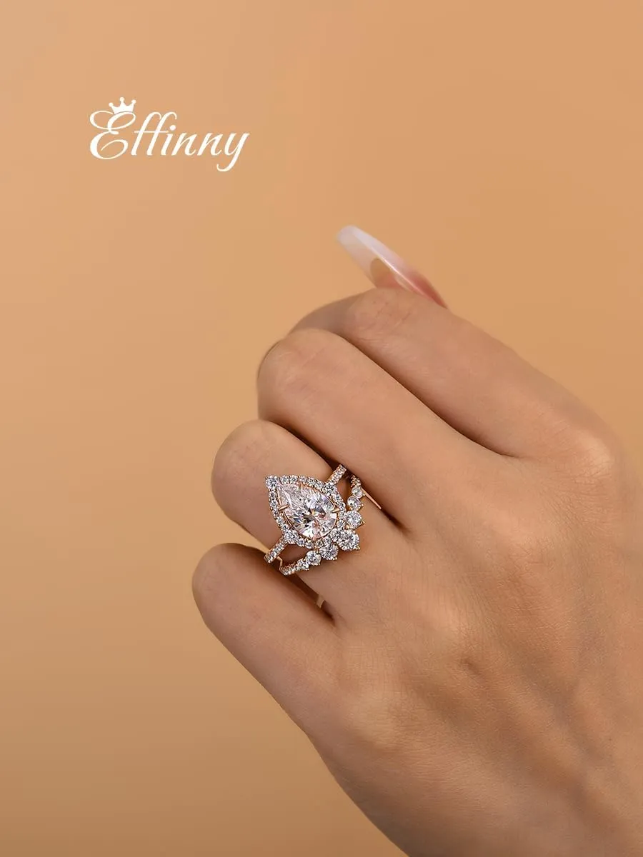 2.5CT Halo Pear Cut Bridal Ring Set,CZ Simulated Diamond Wedding Ring Set In Rose Gold Plated 925 Sterling Silver