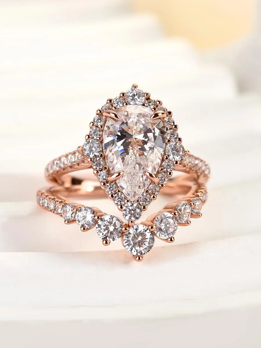 2.5CT Halo Pear Cut Bridal Ring Set,CZ Simulated Diamond Wedding Ring Set In Rose Gold Plated 925 Sterling Silver