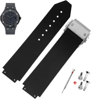 25mm Rubber Watch Strap with Replacement Band Tool for Hublot Big Bang (Black Stripe - Silver Buckle)